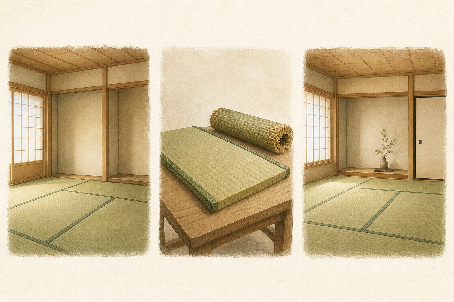 和室、作業台の畳と材料、仕上がった和室を並べた表替えのイメージ