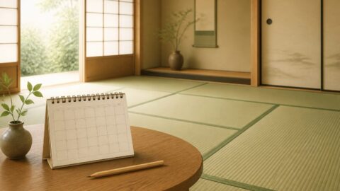 畳の表替えの日程を考えるカレンダーと鉛筆、明るい和室のAI生成イメージ