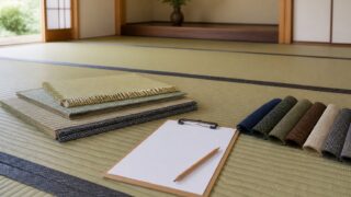 畳の素材見本と畳縁、見積もり確認用のクリップボード