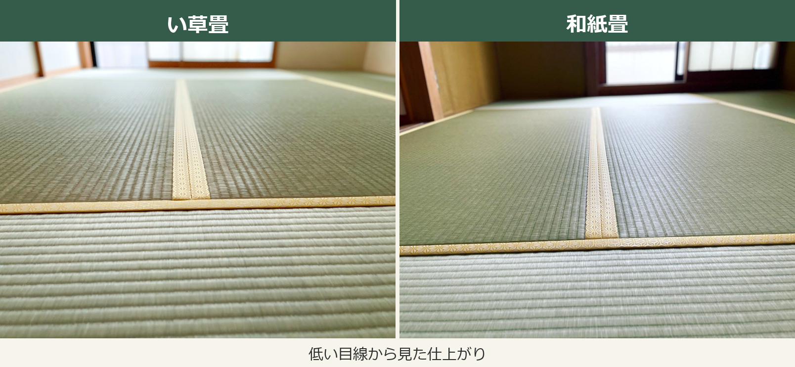 い草畳と和紙畳を低い目線から見た仕上がりの比較