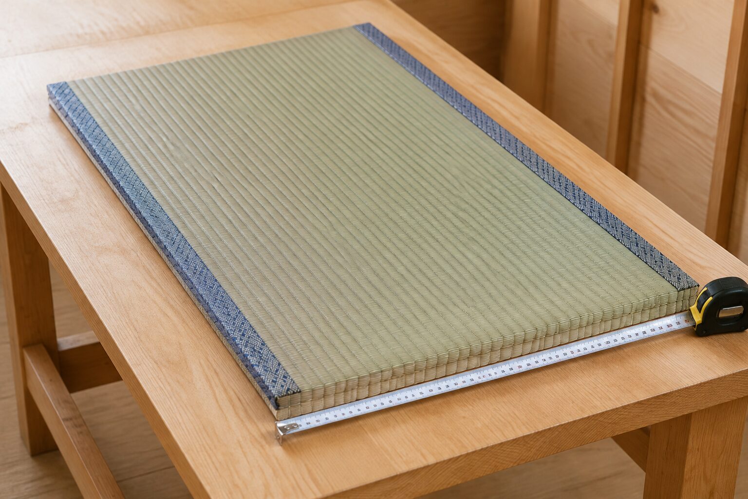 長辺側だけに畳縁がある畳の短辺をメジャーで測る様子