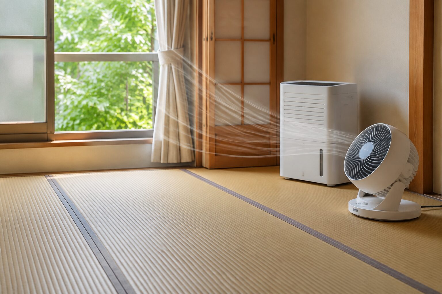 窓を開け除湿機とサーキュレーターで畳の部屋を乾燥させる様子