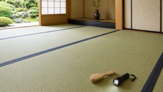 掃除道具を用意して畳の状態を確認する明るい和室