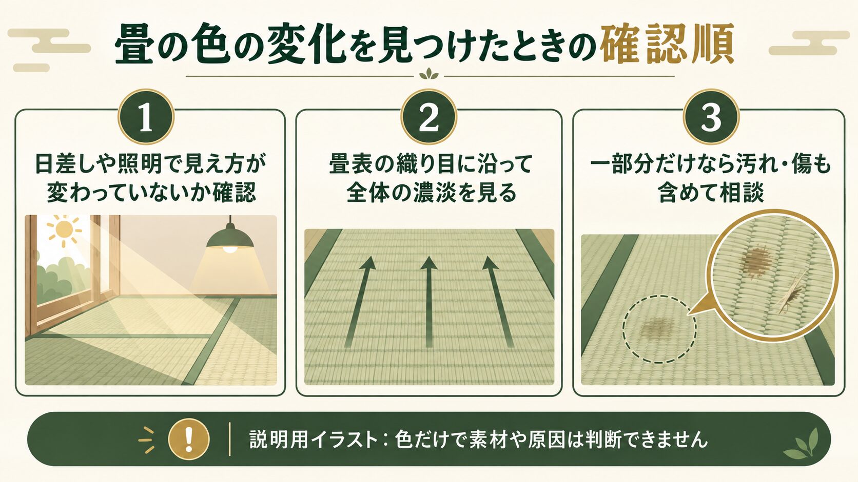 畳の日焼けや変色を見つけたときの確認順を示す説明用イラスト