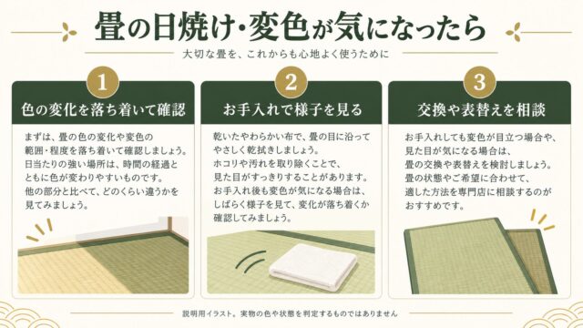 畳の日焼けや変色が気になったときの確認と相談を示す説明用イラスト