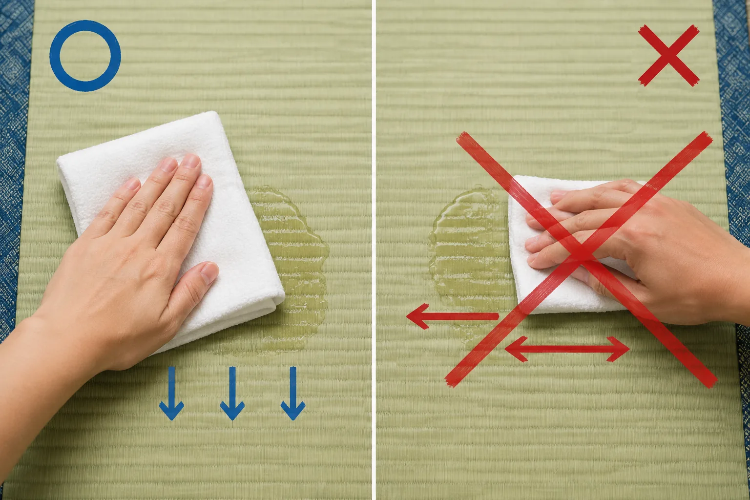 畳にこぼした液体を乾いた布で押さえ、横にこすらない方法を示す説明画像