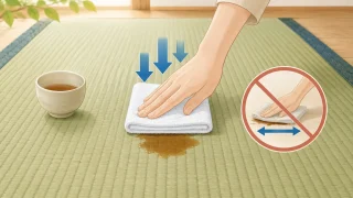 畳にこぼした飲み物を乾いた布で押さえ、こすらない応急処置を示す説明画像