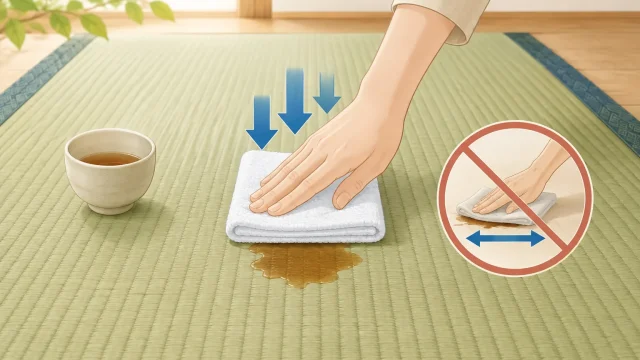 畳にこぼした飲み物を乾いた布で押さえ、こすらない応急処置を示す説明画像