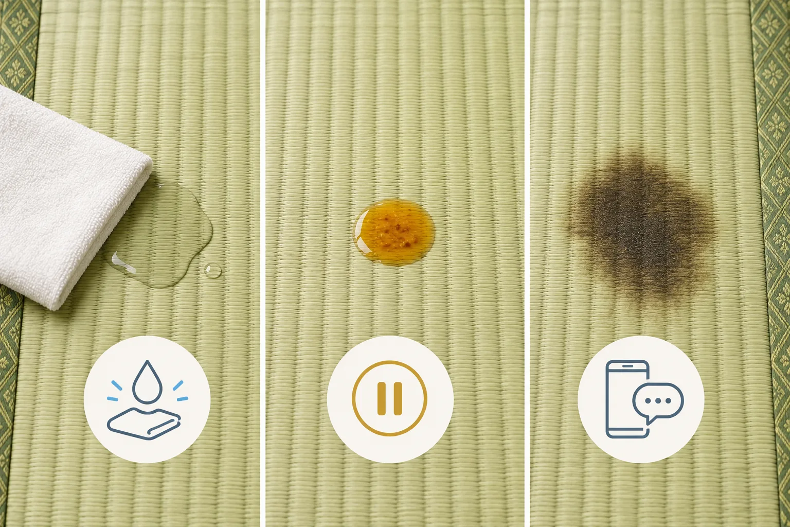 水分、油分、時間がたったシミで初動や相談判断が異なることを示す説明画像