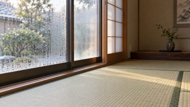結露した窓と乾いた畳がある和室の様子