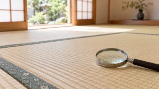 畳の状態を落ち着いて観察する和室と虫眼鏡の説明用イラスト