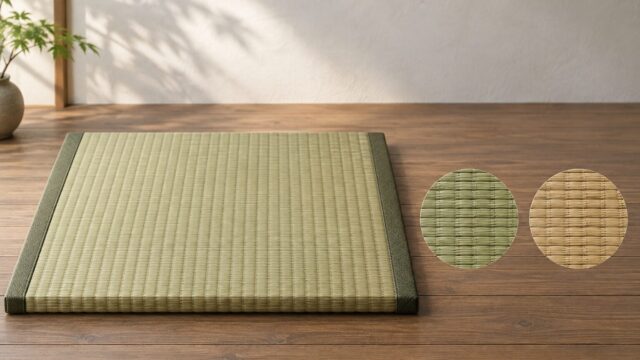 緑色と落ち着いた色合いのい草畳を並べた比較用イラスト