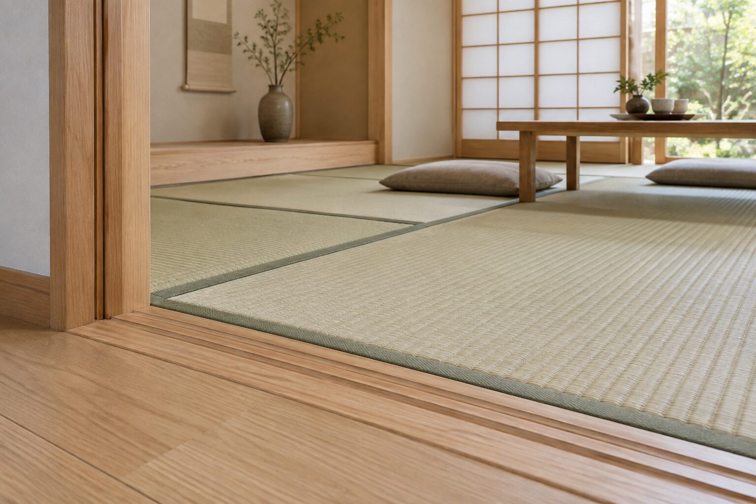 和室の畳と木製敷居の高さを確認するイメージ