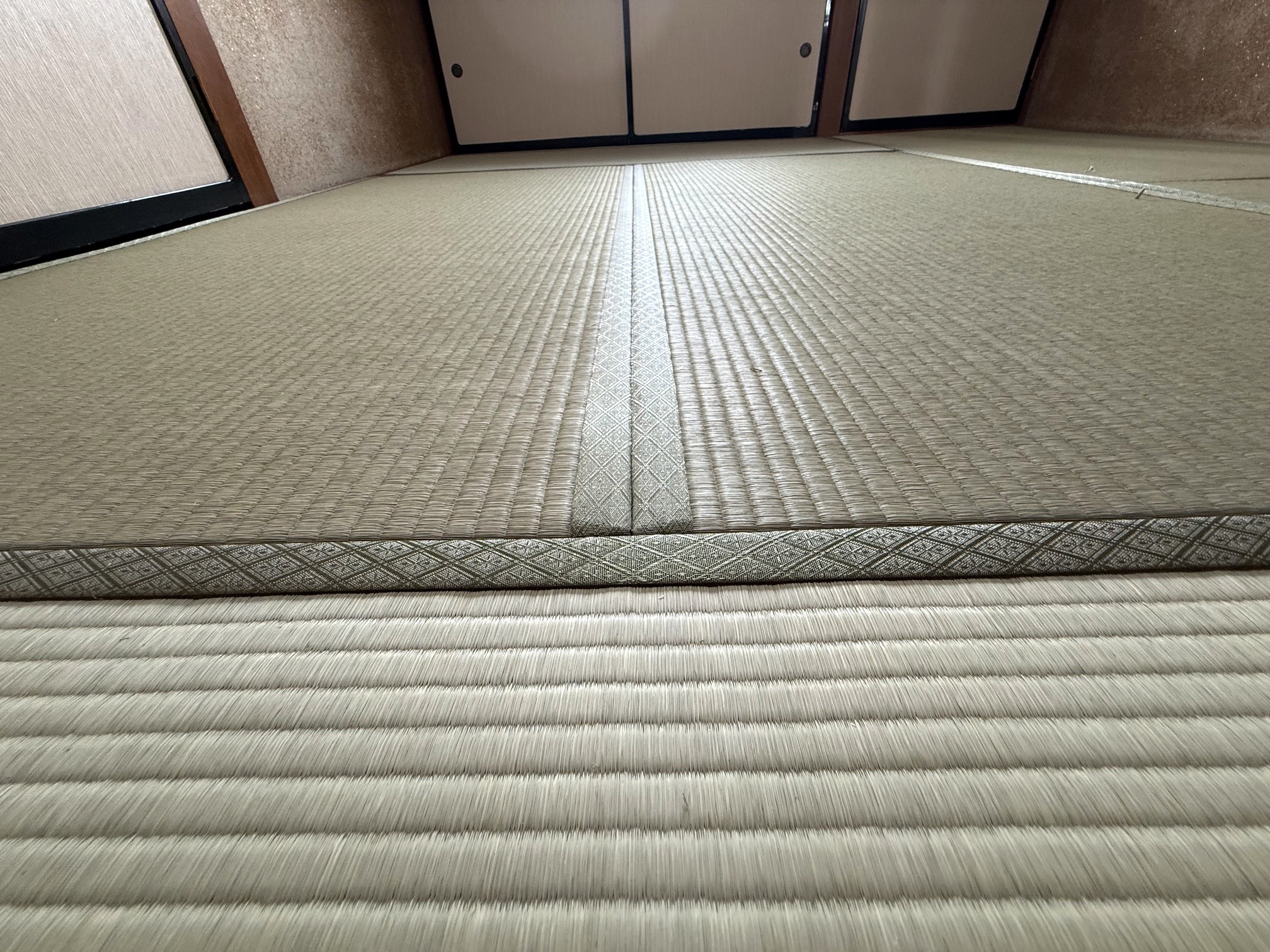 6畳の畳の端と落ち着いた柄の畳へりの近景