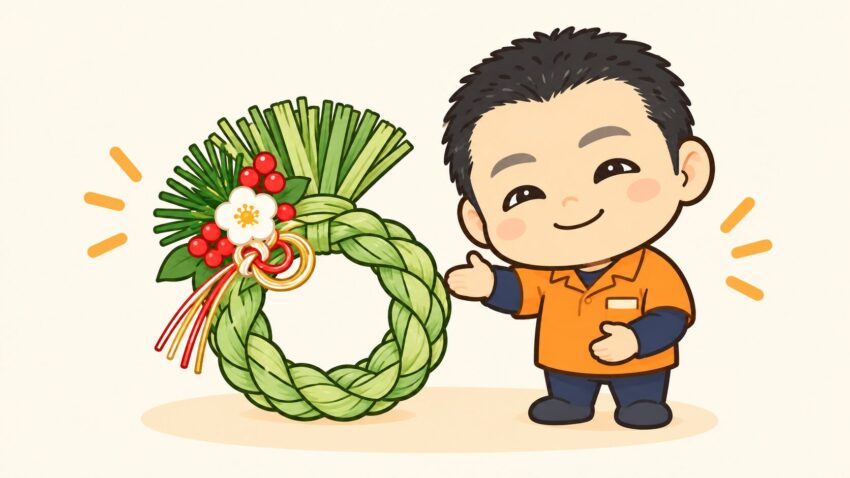 オレンジの作業着の店主キャラクターが、いぐさのしめ縄飾りを紹介する、線を簡略化したイラスト