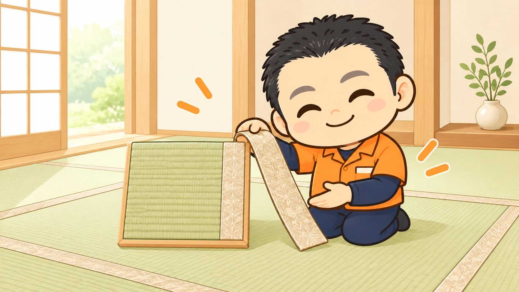 店主キャラクターがベージュ色の畳縁を紹介する説明イラスト(イメージ)