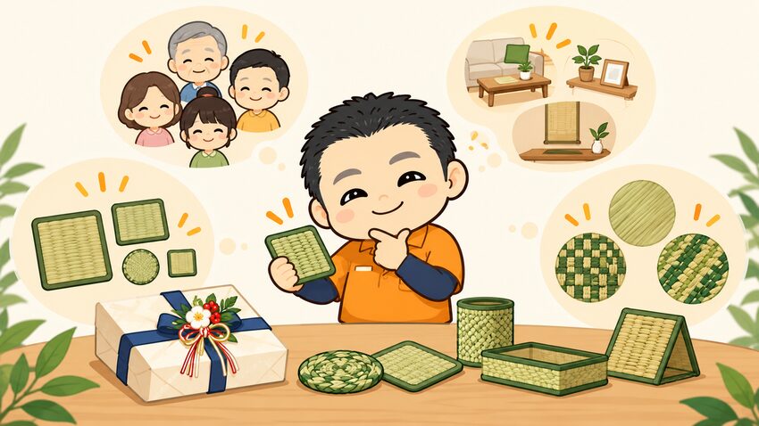 贈る相手や置き場所、サイズ、素材の表情を考える、いぐさ小物選びのイメージ図。オレンジの作業着の店主が案内。