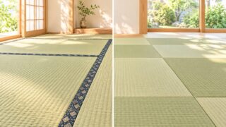 畳縁のある畳と縁なし畳を明るい和室で並べて比較したイメージ