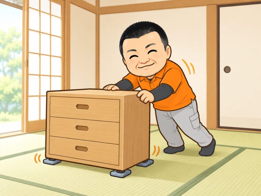 オレンジの作業着の店主が一人で家具を滑らせて移動するイラスト(イメージ)